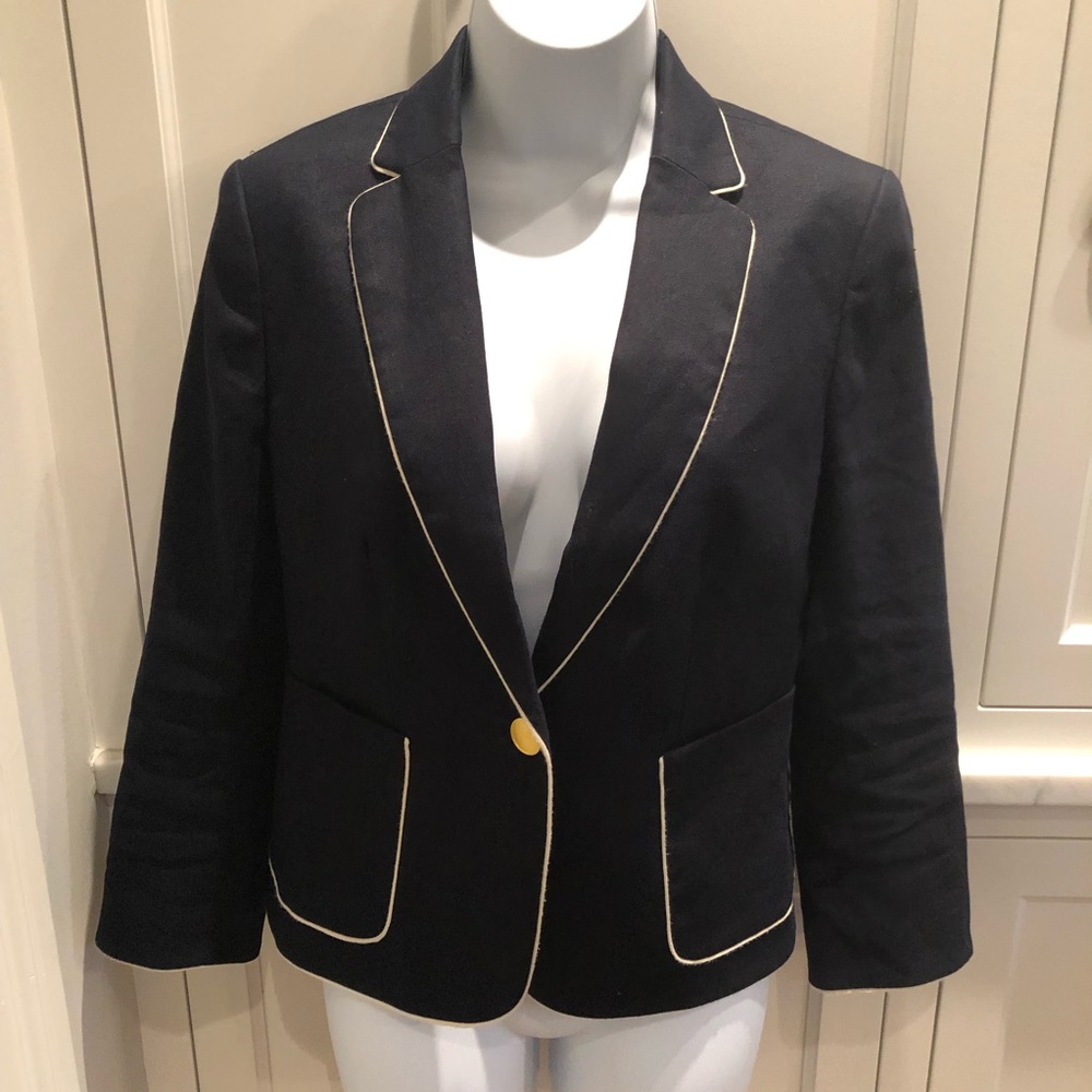 Ann Taylor Piped Navy Linen Blend Blazer